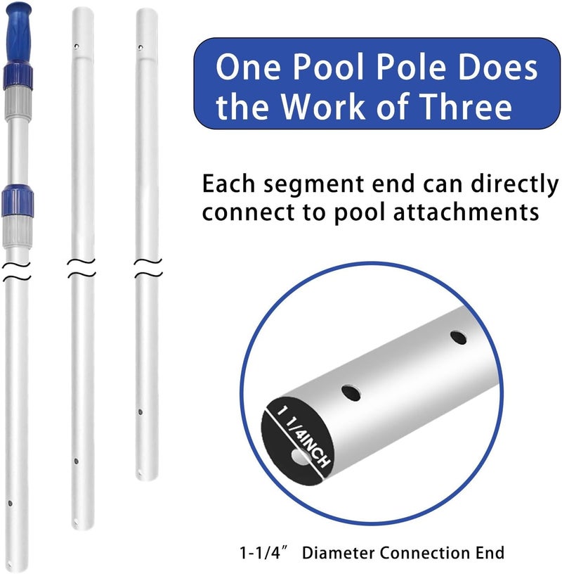 Poolvio 15 FT Telescopic Pool Pole - Adjustable 3 Piece Aluminum Pool Skimmer Pole for Pool Cleaning Skimmer Nets Vacuum Heads & Brushes, Strong Grip & Lock - Image 2